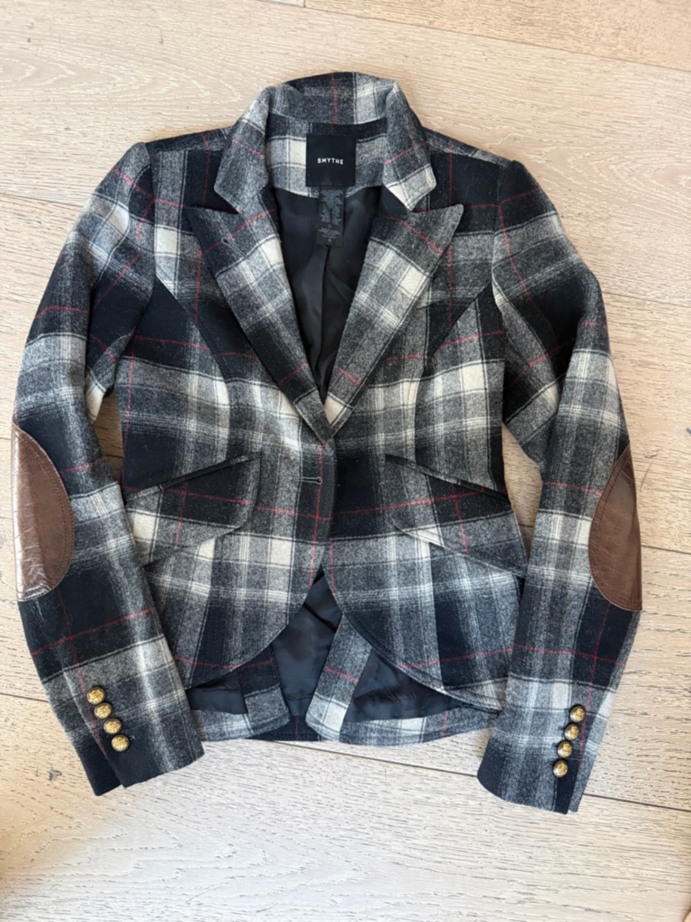 Smythe Black & Gray Plaid Tailored Blazer with Elbow Patches